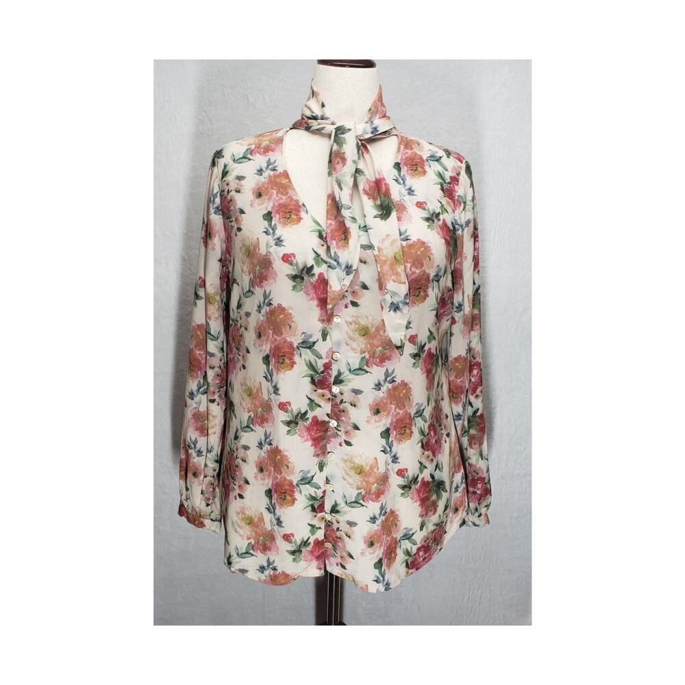 Tolani Asha Floral Blouse M Modal Tie Neck Cottagecore Boho Romantic Top